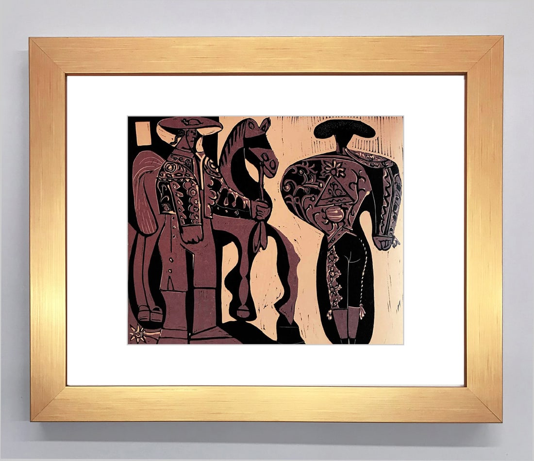 Pablo Picasso Framed Linocut Pecador y Torero XXe siecle 1978: Artist: Pablo Picasso Country: Spain Title: Pecador y torero Medium: Linocut in 3 colors Marks: Not signed, not numbered Paper Size: Vellum 12.25 x 9.50 inch Provenance: Homage to Picasso XXe Siecle 1
