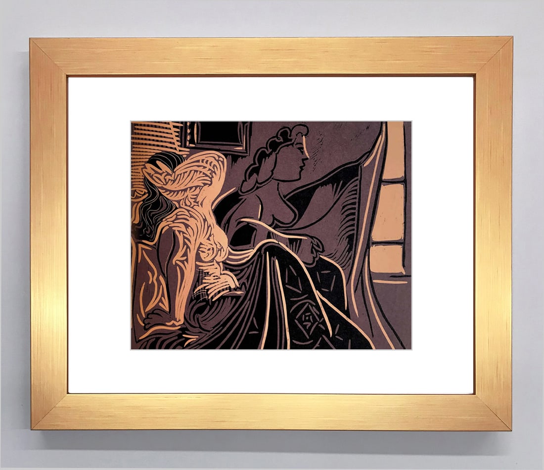 Pablo Picasso Framed Linocut Two Women Near the Window 1978: Title: Two women near the window Artist: Pablo Picasso Country: Spain Medium: Linocut in 3 colors Marks: Not signed, not numbered Paper Size: Vellum 12.25 x 9.50 inch Provenance: Homage to Picasso