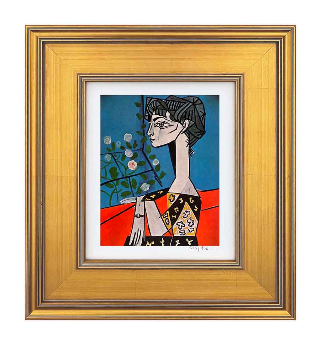 Pablo Picasso Portrait of Jacqueline Limited Edition Framed: Artist: Pablo Picasso Country: Spain Title: Portrait of Jacqueline Medium: Giclees Marks: Limited Edition numbered, not signed Paper: Arches paper 10 x 8 inches Printed: 2002 in the USA by the Fine Ar