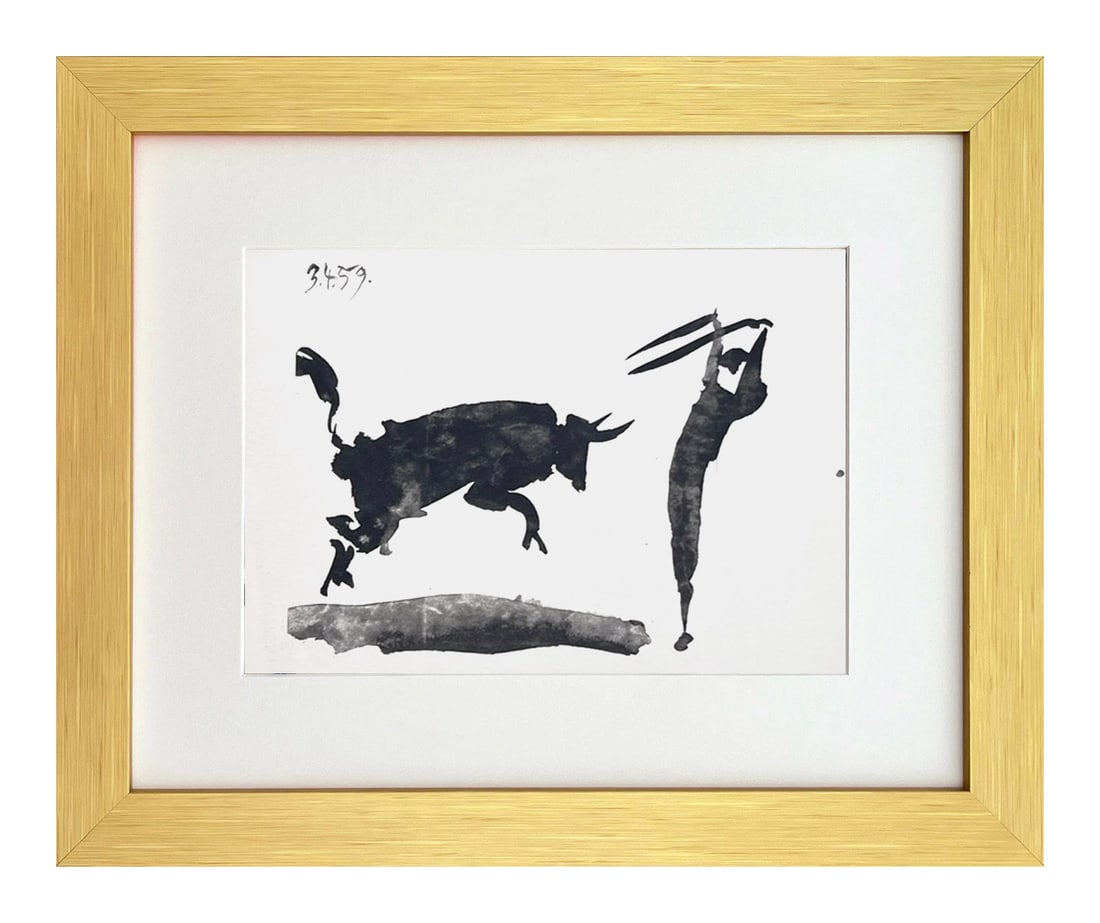 Pablo Picasso Framed Toros y Toreros 10 dated 3/4/59: Artist: Pablo Picasso Country: Spain Title: Toros y Toreros 10 dated 3/4/59 Medium: Bichromie Marks: Not signed, not numbered Paper size: Vellum 14.75 x 10.50 inch Publisher: Editions Cercle d'Art 196