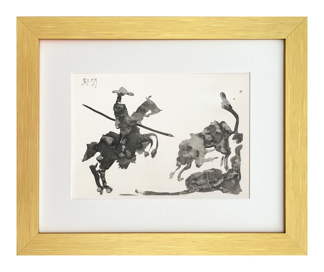 Pablo Picasso Framed Toros y Toreros 13 dated 3/4/59: Artist: Pablo Picasso Country: Spain Title: Toros y Toreros 13 dated 3/4/59 Medium: Bichromie Marks: Not signed, not numbered Paper size: Vellum 14.75 x 10.50 inch Publisher: Editions Cercle d'Art 196