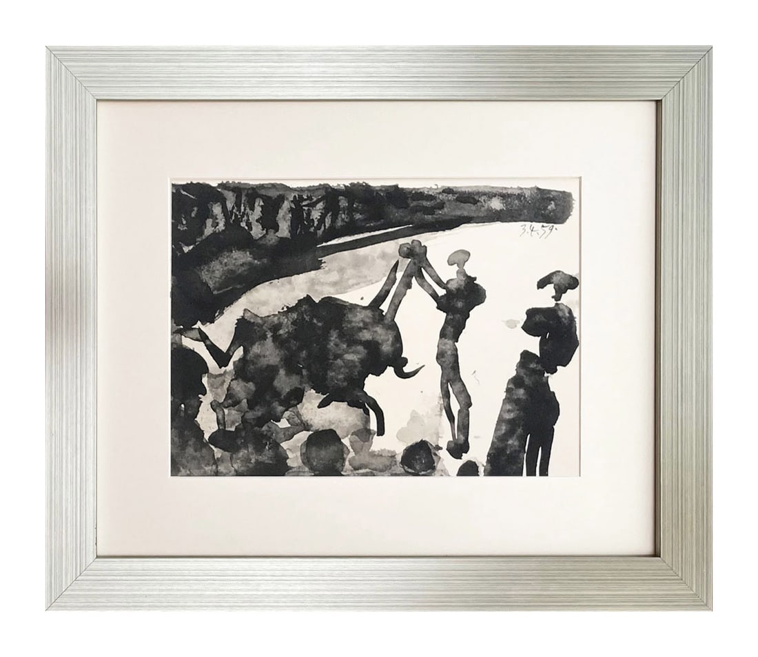 Pablo Picasso Toros y Toreros 8 dated 3-4-59 framed: Artist: Pablo Picasso Country: Spain Title: Toros y Toreros 8 dated 3-4-59 Medium: Bichromie Marks: Not signed, not numbered Paper size: Vellum 14.75 x 10.50 inch Publisher: Editions Cercle d'Art 1961
