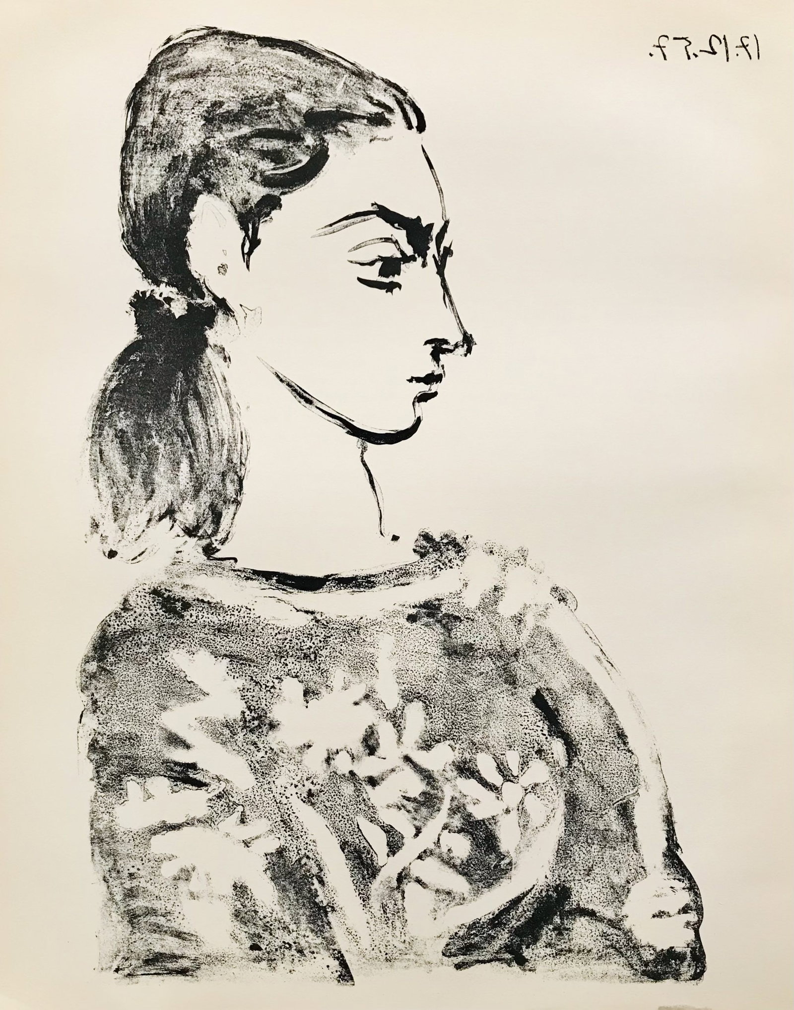 1959 Picasso lithograph Woman with Flowered Bodeice: Artist: Pablo Picasso Country: Spain Title: Woman with Flowered Bodeice Medium: Lithograph Paper Size: 17 x 14 inch Published: 1959 by Cincinnati Art Museum Provenance: Cincinnati Art Museum Catalogue