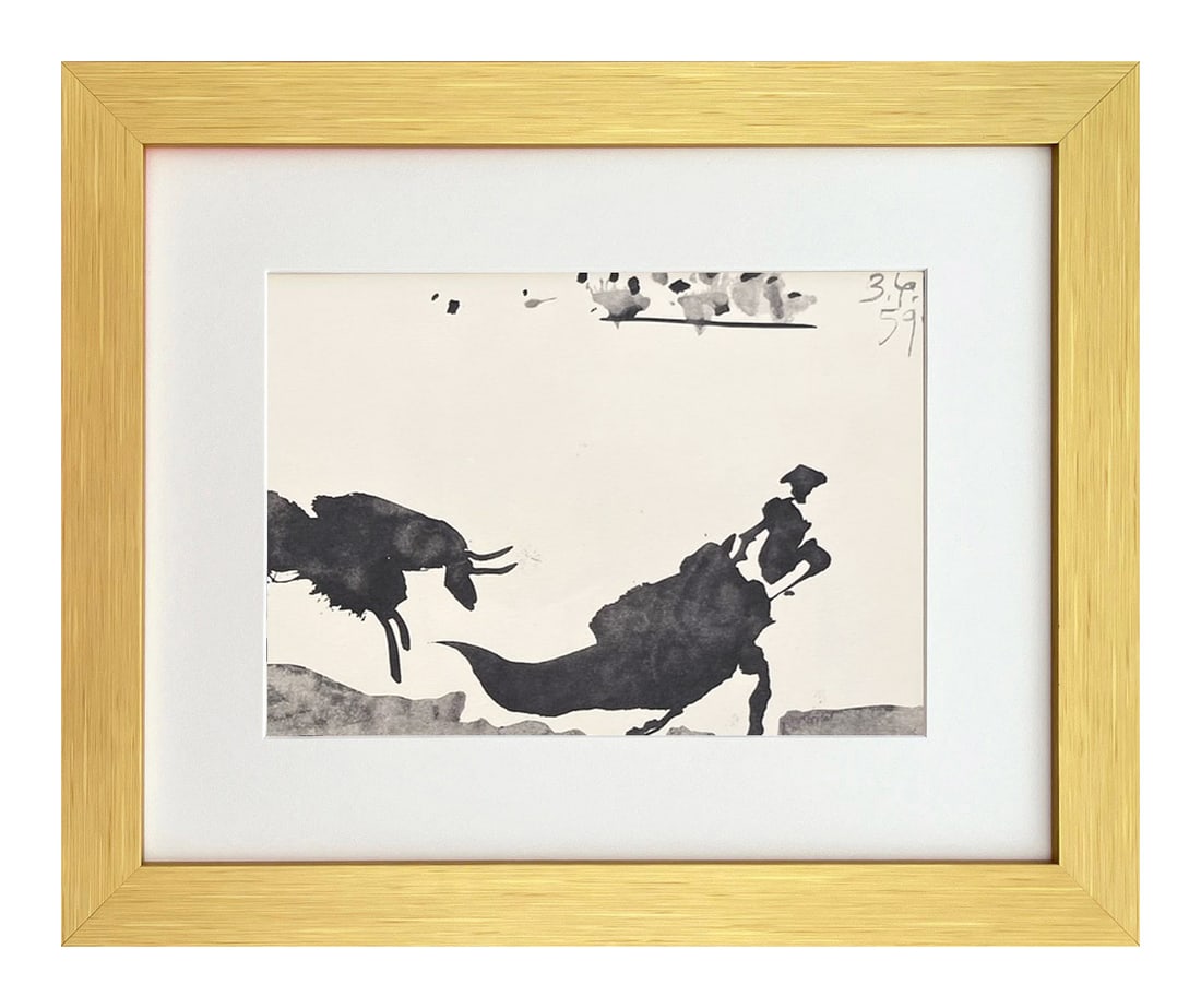 Pablo Picasso Framed Toros y Toreros 3 dated 3/6/59: Artist: Pablo Picasso Country: Spain Title: Toros y Toreros 3 dated 3/6/59 Medium: Bichromie Marks: Not signed, not numbered Paper size: Vellum 14.75 x 10.50 inch Publisher: Editions Cercle d'Art 1961