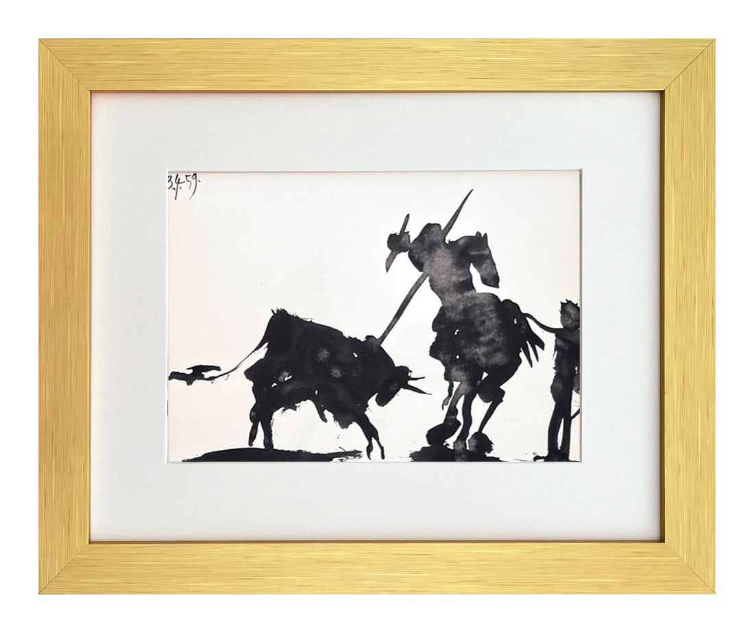 Pablo Picasso Framed Toros y Toreros 5 dated 3/4/59: Artist: Pablo Picasso Country: Spain Title: Toros y Toreros 5 dated 3/4/59 Medium: Bichromie Marks: Not signed, not numbered Paper size: Vellum 14.75 x 10.50 inch Publisher: Editions Cercle d'Art 1961