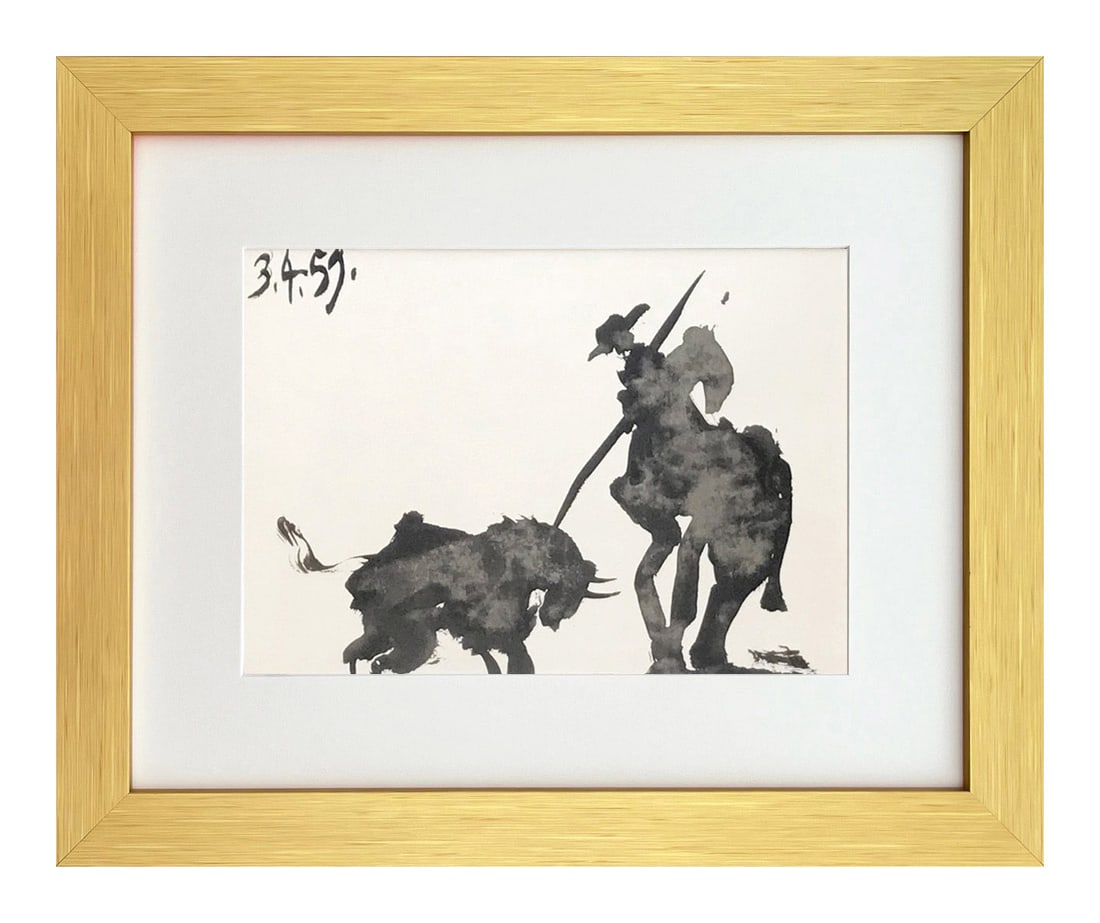 Pablo Picasso Framed Toros y Toreros 6 dated 3/4/59: Artist: Pablo Picasso Country: Spain Title: Toros y Toreros 6 dated 3/4/59 Medium: Bichromie Marks: Not signed, not numbered Paper size: Vellum 14.75 x 10.50 inch Publisher: Editions Cercle d'Art 1961