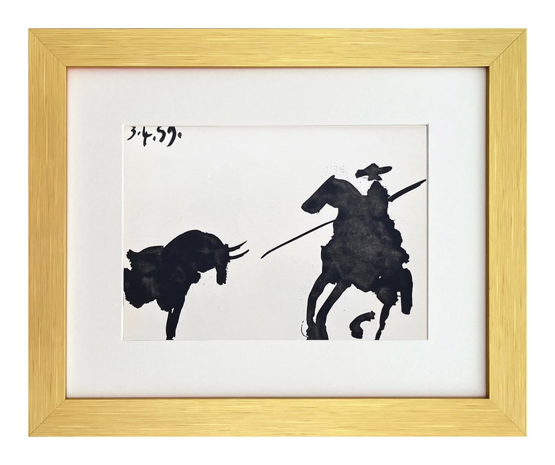 Pablo Picasso Framed Toros y Toreros 7 dated 3/4/59: Artist: Pablo Picasso Country: Spain Title: Toros y Toreros 7 dated 3/4/59 Medium: Bichromie Marks: Not signed, not numbered Paper size: Vellum 14.75 x 10.50 inch Publisher: Editions Cercle d'Art 1961