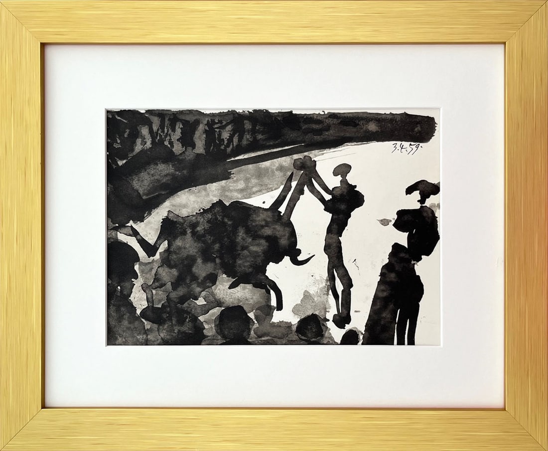 Pablo Picasso framed Toros y Toreros II dated 3/4/59: Artist: Pablo Picasso Country: Spain Title: Toros y Toreros II dated 3/4/59 Medium: Bichromie Marks: Not signed, not numbered Paper size: Vellum 14.75 x 10.50 inch Publisher: Editions Cercle d'Art 196