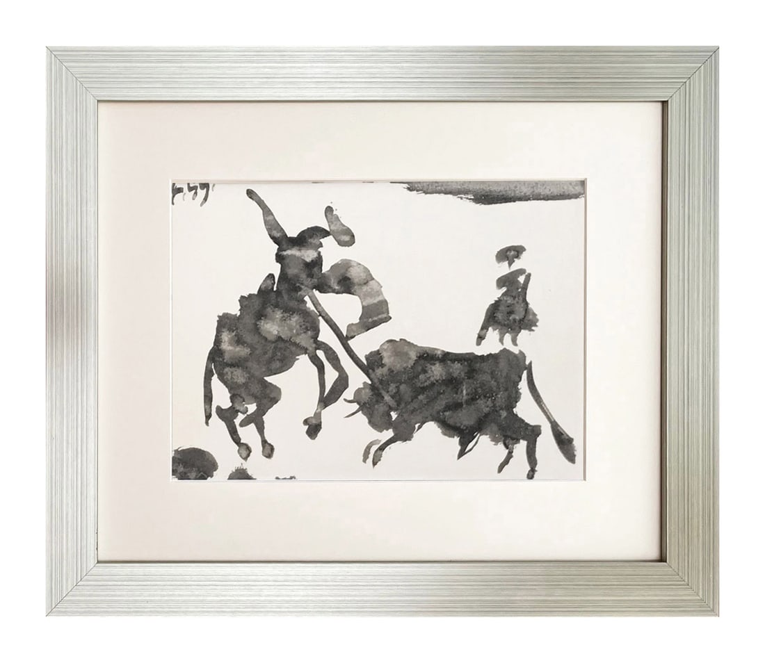 Pablo Picasso Toros y Toreros 11 dated 3-4-59 framed: Artist: Pablo Picasso Country: Spain Title: Toros y Toreros 11 dated 3-4-59 Medium: Bichromie Marks: Not signed, not numbered Paper size: Vellum 14.75 x 10.50 inch Publisher: Editions Cercle d'Art 196