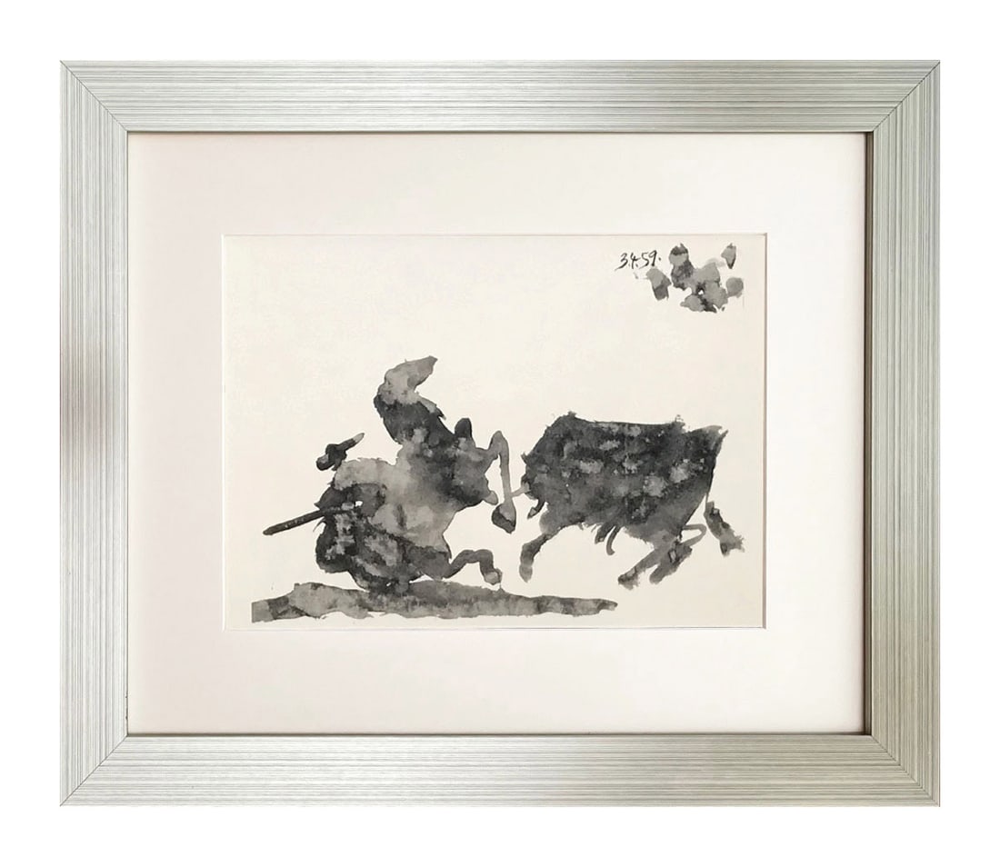 Pablo Picasso Toros y Toreros 14 dated 3-4-59 framed: Artist: Pablo Picasso Country: Spain Title: Toros y Toreros 14 dated 3-4-59 Medium: Bichromie Marks: Not signed, not numbered Paper size: Vellum 14.75 x 10.50 inch Publisher: Editions Cercle d'Art 196