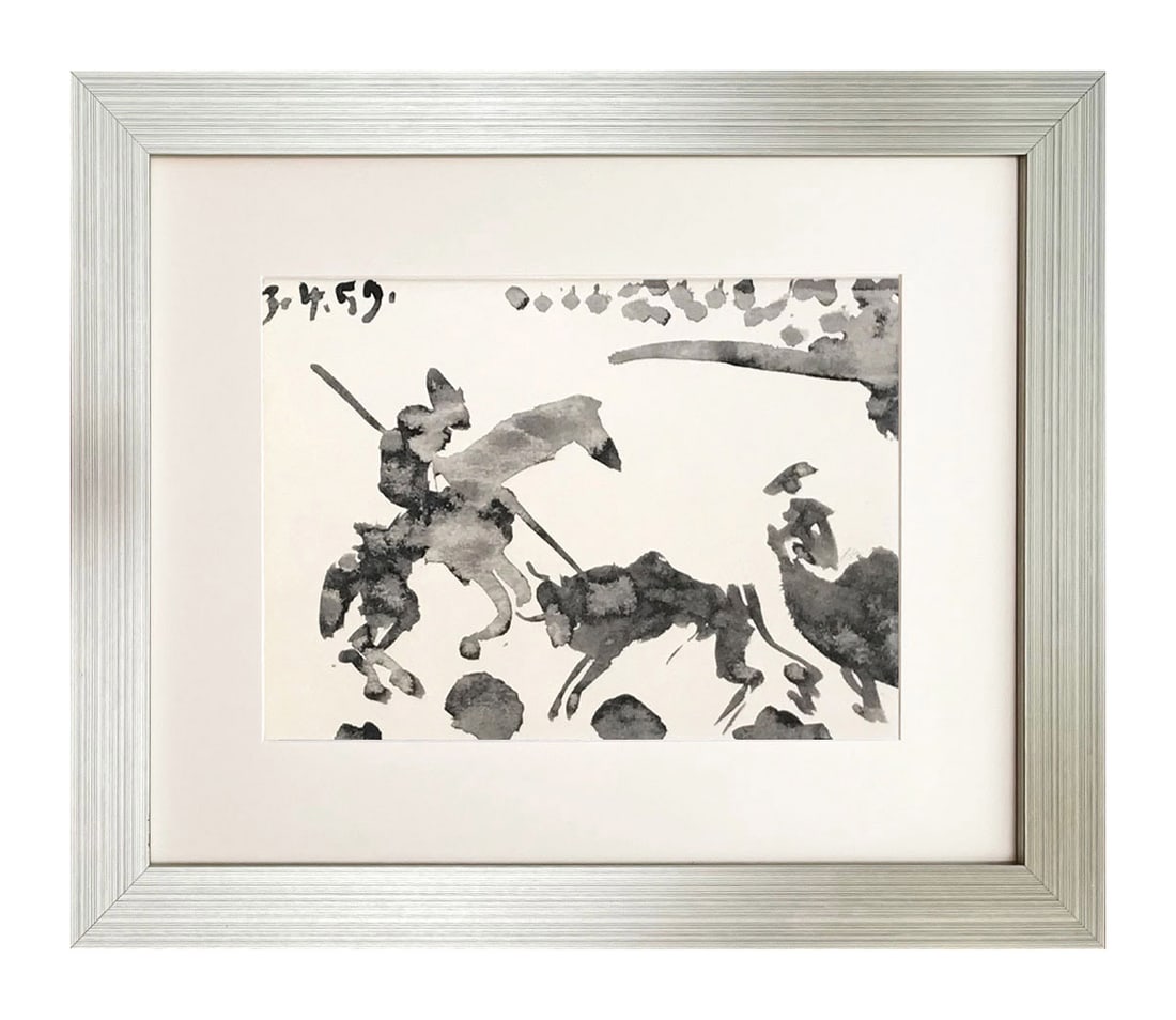 Pablo Picasso Toros y Toreros 26 dated 3-4-59 framed: Artist: Pablo Picasso Country: Spain Title: Toros y Toreros 26 dated 3-4-59 Medium: Bichromie Marks: Not signed, not numbered Paper size: Vellum 14.75 x 10.50 inch Publisher: Editions Cercle d'Art 196