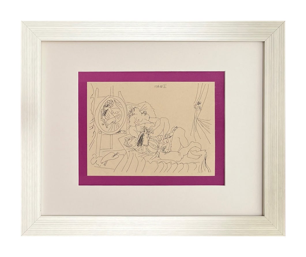 Picasso Erotic Gravure The Voyeur 2-29/8/68 Framed: Title: The Voyeur 2 - 29 /8/1968 Artist: Pablo Picasso Country: Spain Medium: Lithograph Marks: Not signed, not numbered Paper Size: 11x11 inch Printed: 1968 Provenance: Picasso's Erotic Gravure