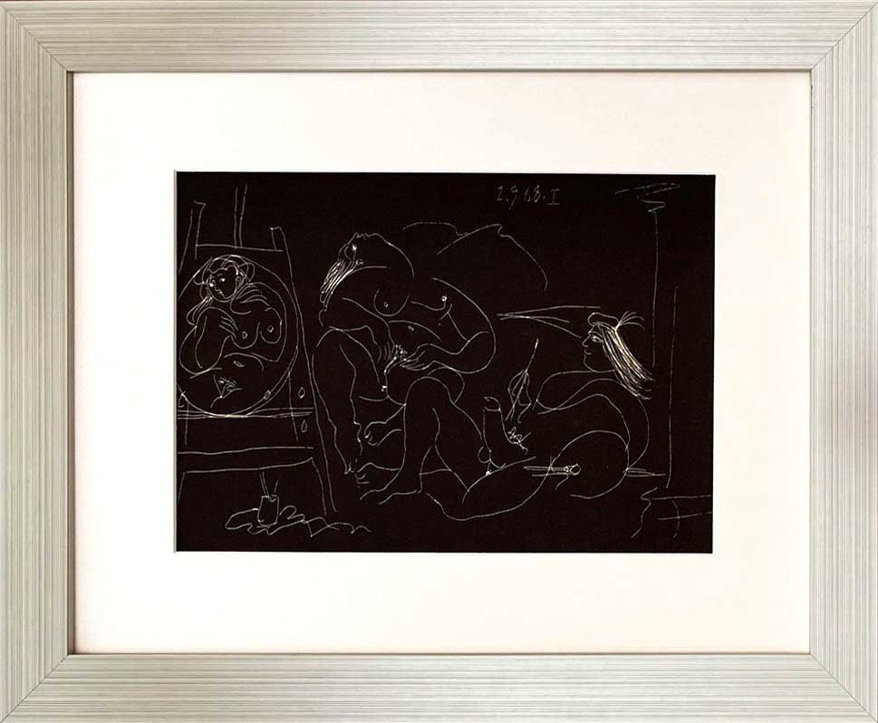 Picasso Gravure Erotic 1 /9/1968 framed: Title: Untitled Erotic 1 Artist: Pablo Picasso Country: Spain Medium: Lithograph Marks: Not signed, not numbered Paper Size: 11 x 11 inch Printed: 1968 on paper Provenance: Picasso's Erotic Grav