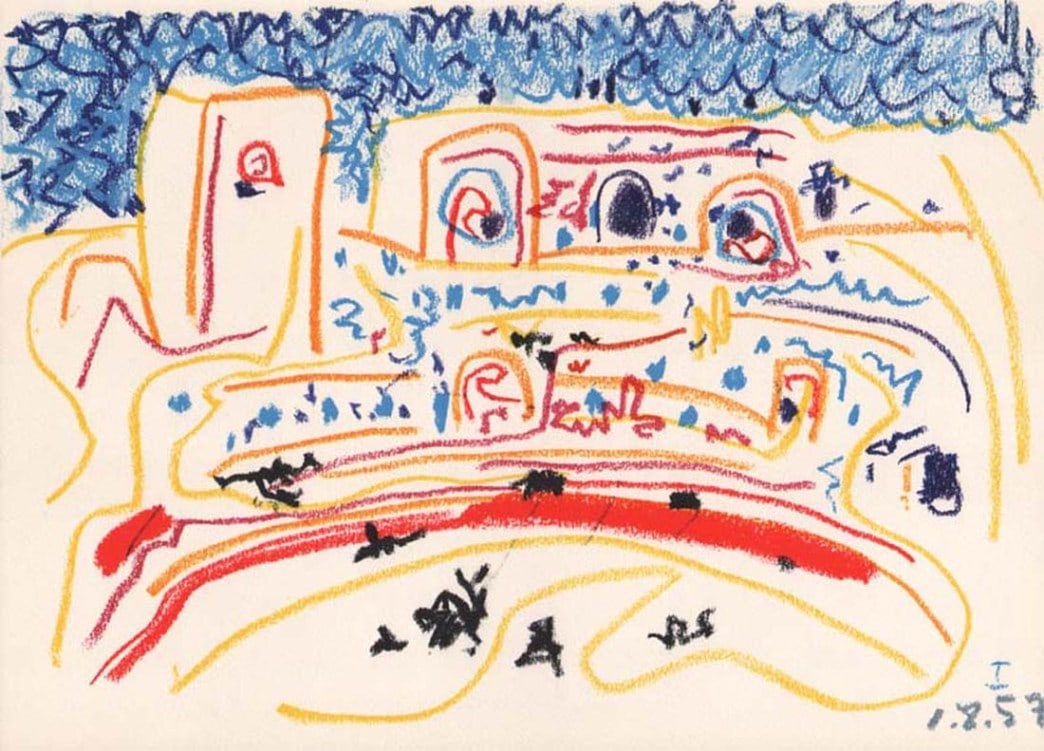 Pablo Picasso Toros y Toreros 1 dated 1/8/57: Artist: Pablo Picasso Country: Spain Title: Toros y Toreros 1 dated 1/8/57 Medium: Quadrichromie Marks: Not signed not numbered Paper size: Vellum 14.75 x 10.50 inch Publisher: Editions Cercle d'Art