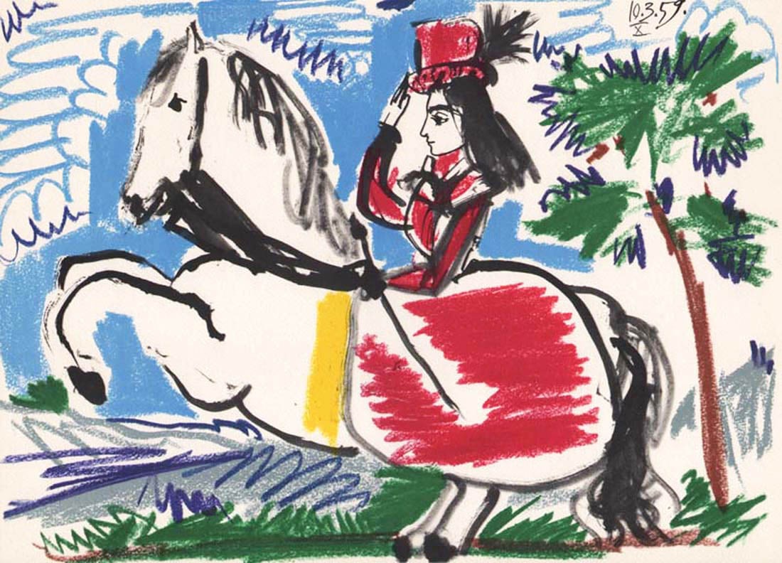 1961 Picasso Toros y Toreros 10 dated 10/3/59: Artist: Pablo Picasso County: Spain Title: Toros y Toreros 10 dated 10/3/59 Medium: Bichromie Paper size: On vellum 14.75 x 10.50 inch Publisher: 1961 by Editions Cercle d'art, France Provenance: