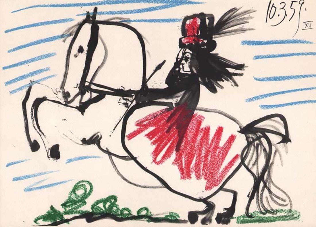 1961 Pablo Picasso Toros y Toreros 12 dated 10/3/59: Artist: Pablo Picasso Country: Spain Title: Toros y Toreros 12 dated 10/3/59 Medium: Quadrichromie Paper size: Vellum paper 14.75 x 10.50 inch Publisher: Editions Cercle d'Art 1961, France Provenance: