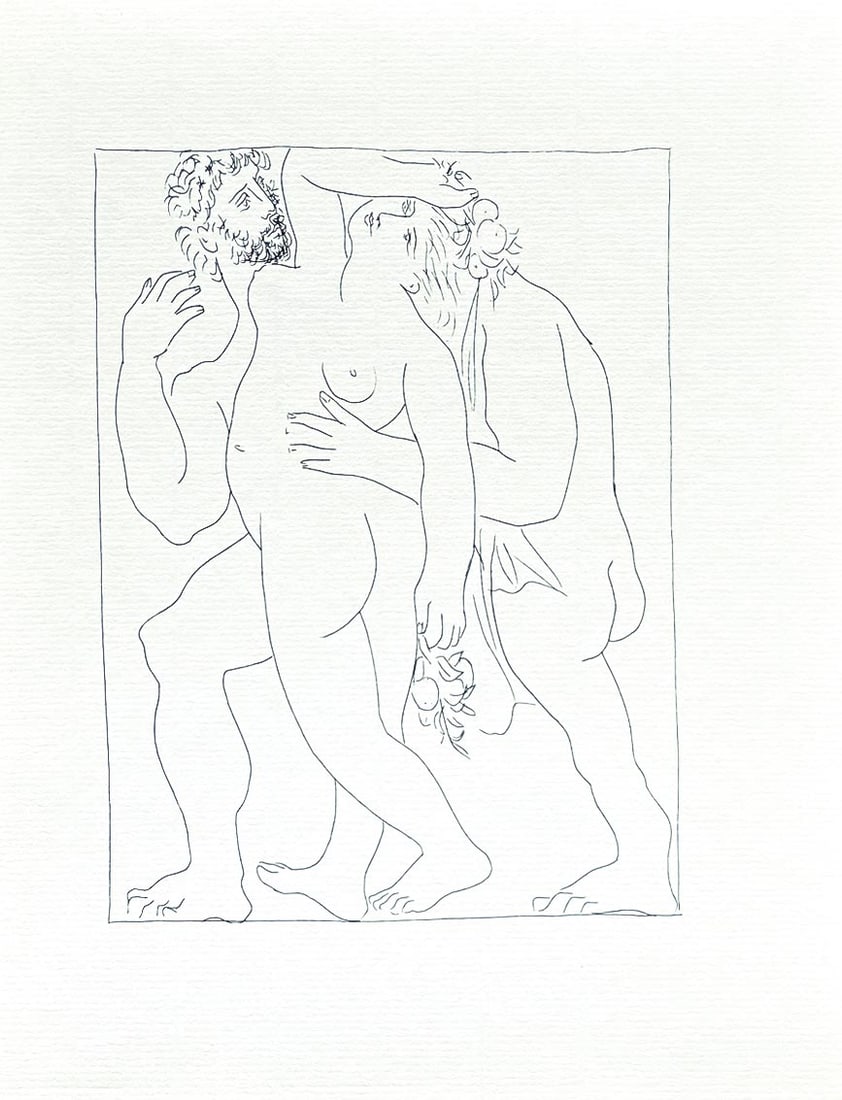 Picasso 14 Vertumnus Amorously Pursues Pomona: Title: Vertumnus Amorously Pursues Pomona Artist: Pablo Picasso (after) Country: Spain Medium: Facsimile - 14 Marks: Not signed, not numbered Paper Size: 11 x 8.50 inches Printed: Circa 1970s on
