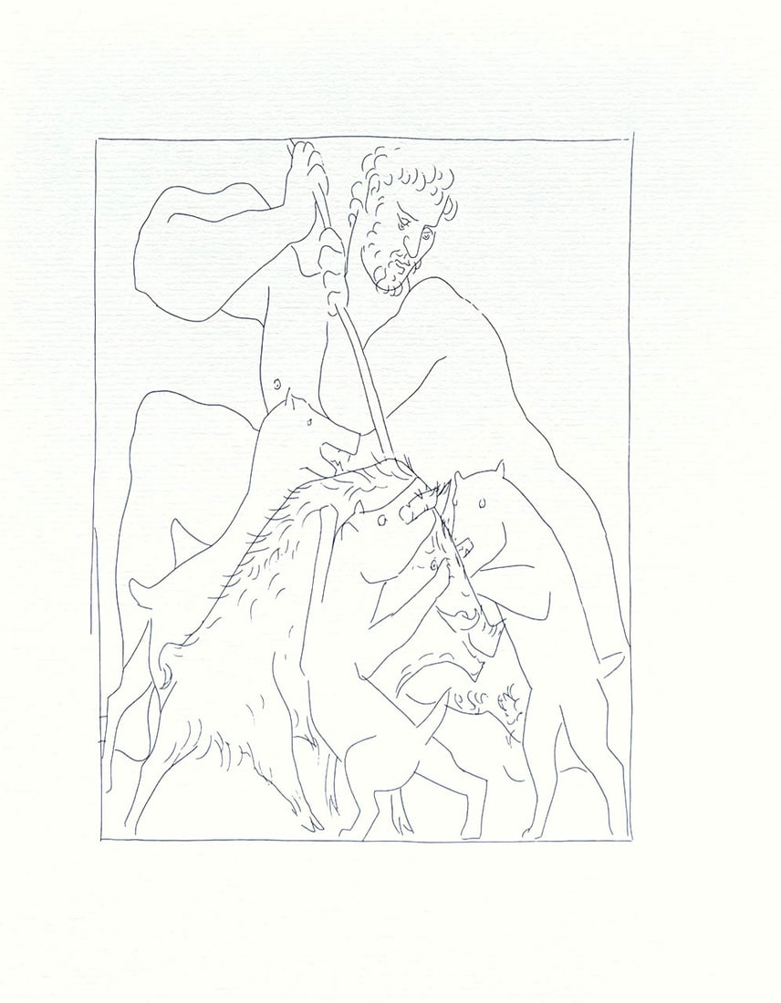 Picasso 6 Meleager Kills the Calydonian Boar: Title: Meleager Kills the Calydonian Boar Artist: Pablo Picasso (after) Country: Spain Medium: Facsimile - 6 Marks: Not signed, not numbered Paper Size: 11 x 8.50 inches Printed: Circa 1970s on Papier