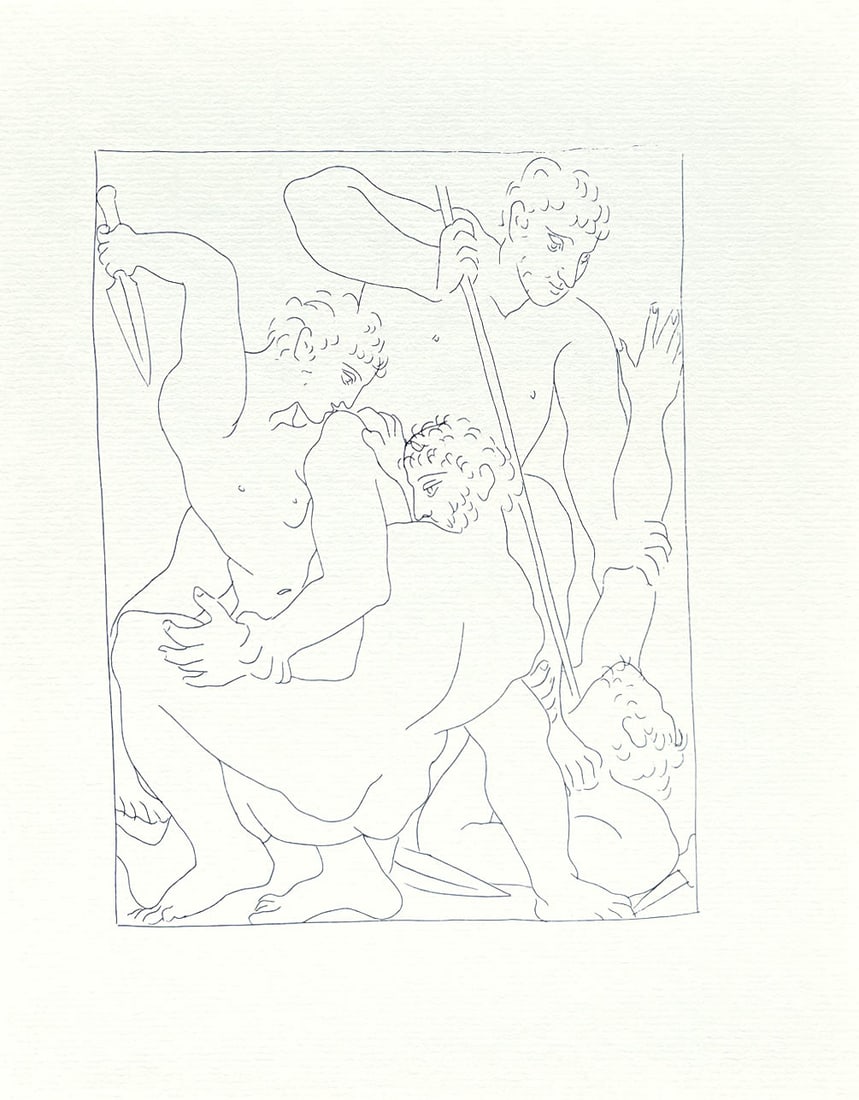 Picasso 9 The Combat of Perseus and Phineus for Andromeda: Title: The Combat of Perseus and Phineus for Andromeda Artist: Pablo Picasso (after) Country: Spain Medium: Facsimile - 9 Marks: Not signed, not numbered Paper Size: 11 x 8.50 inches Printed: Circa 19
