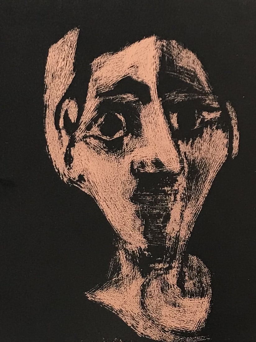 Picasso Linocut 2 colors Face XXe siecle 1978: Artist: Pablo Picasso (after) Country: Spain Title: Face Medium: Linocut in 2 colors, black & brown Paper Size: Vellum paper 12.25 x 9.5 inch Marks: Text placed beneath the image, net image 9.25
