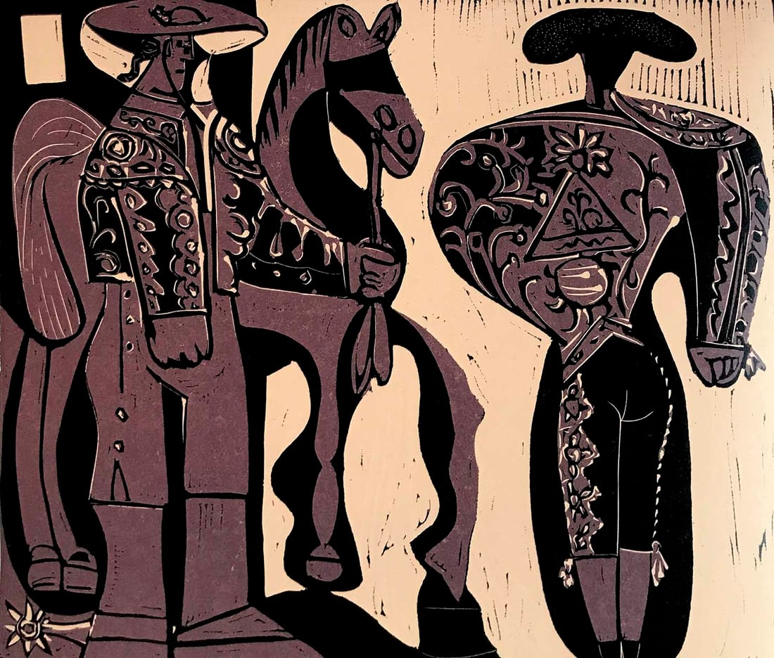 Picasso Linocut Picador y Torero XXe siecle 1978: Artist: Pablo Picasso (after) Country: Spain Title: Picador y Torero Medium: Linocut in 2 colors, black & brown Paper Size: Vellum paper 12.25 x 9.5 inch Marks: Text placed beneath the image Prove