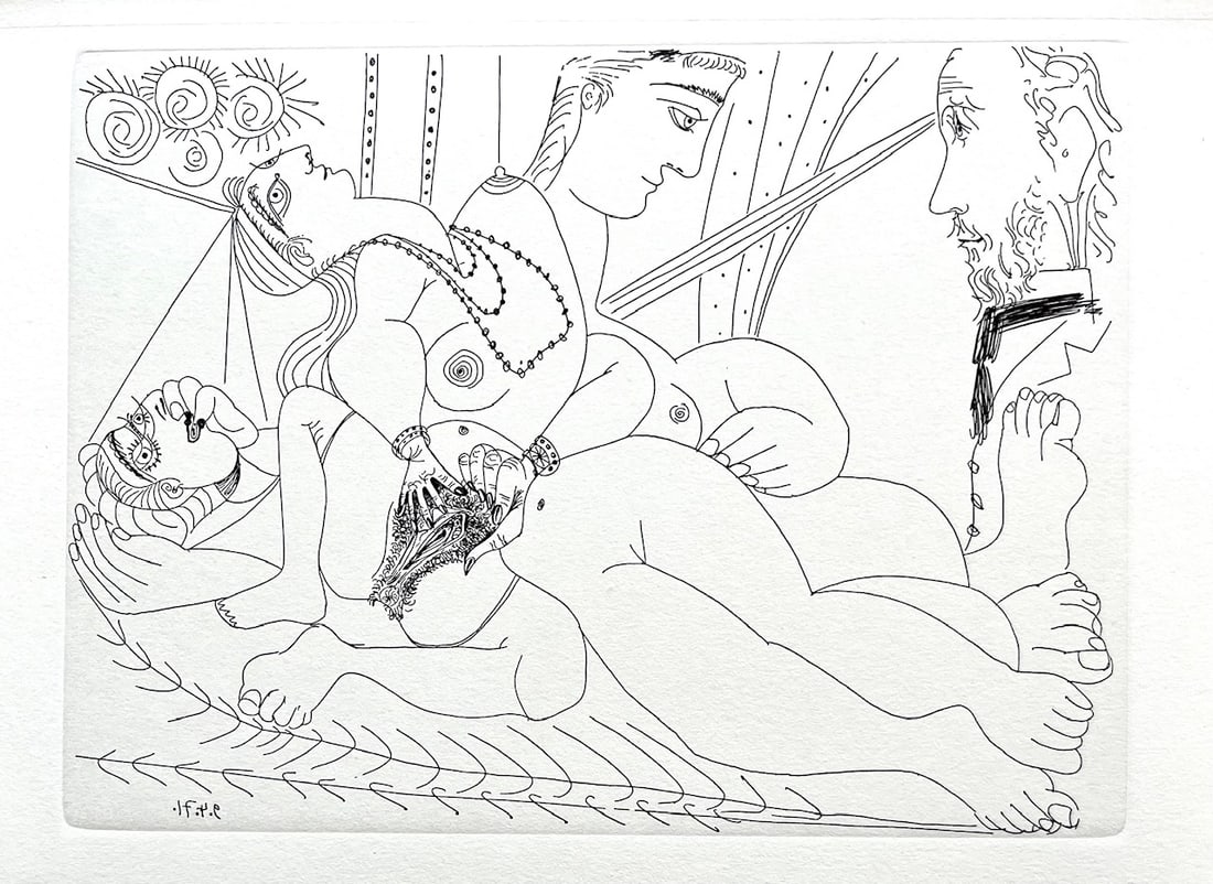 Picasso Gravure Apollinaire Les onze mille verges 2: Les onze mille verges gravures by Pablo Picasso printed 1984 on Grand Velin de Papeteries de Lana Title: Les onze mille verges 2 Artist: Pablo Picasso Country: Spain Medium: Gravure Marks: Not signed,