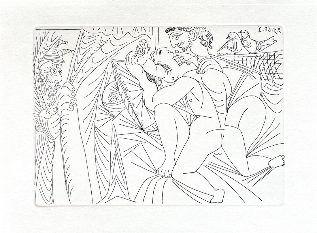 Picasso Gravure Apollinaire Les onze mille verges 6: Title: Les onze mille verges 6 Artist: Pablo Picasso Country: Spain Medium: Gravure Marks: Not signed, numbered Paper: Grand Velin de Papeteries de Lana 10.50 x 8 inch Printed: 1984 in Paris Pro