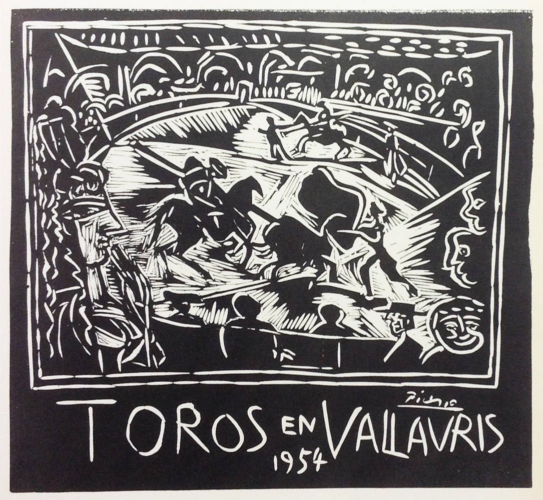 Picasso Lithograph 71 Toros en Vallauris 1954: Medium: Lithograph Size: 9.5 x 12.5 inch Printed ; 1959 by Mourlot Freres, France on vellum paper Apart from:"Art in posters" Condition: Fine Certificate of Authenticity Is Included Please note that t
