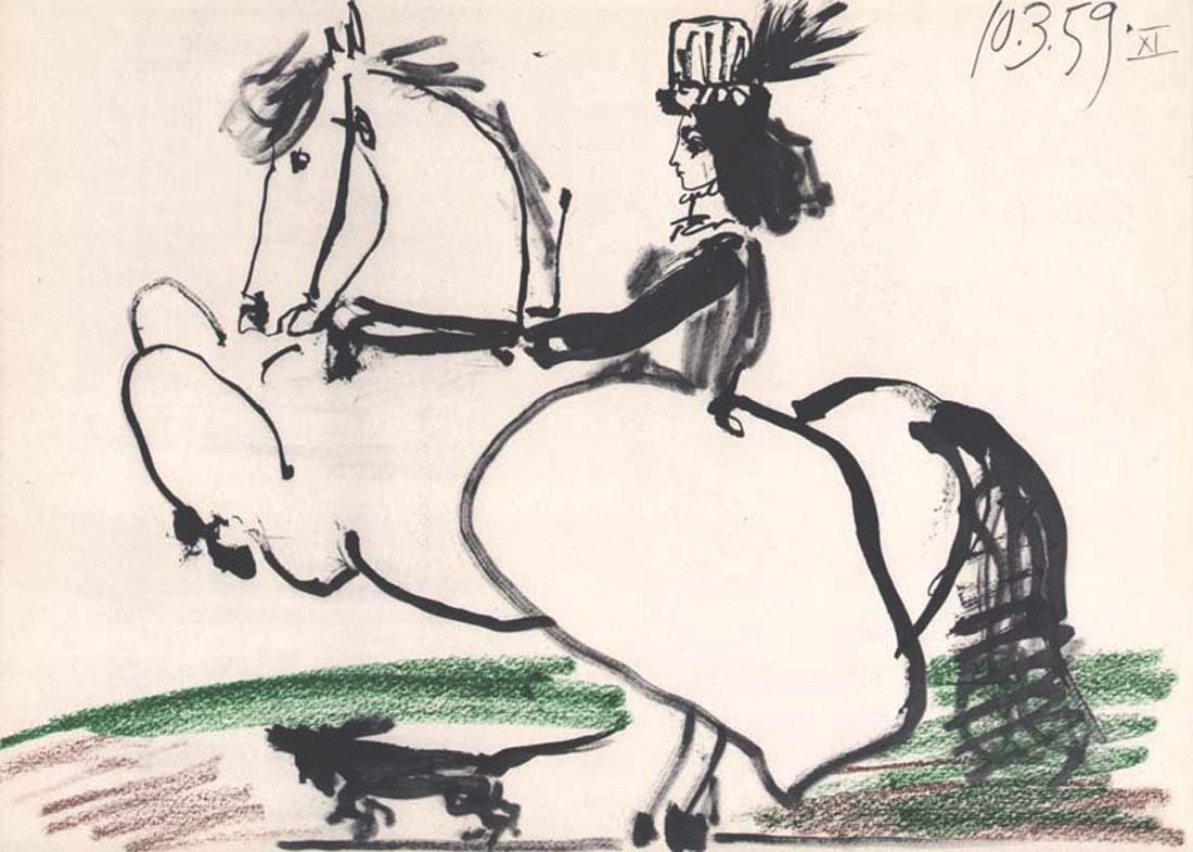 Pablo Picasso Toros y Toreros 11 dated 10/3/59: Artist: Pablo Picasso County: Spain Title: Toros y Toreros 11 dated 10/3/59 Medium: Quadrichromie Paper size: On vellum 14.75 x 10.50 inch Publisher: 1961 by Editions Cercle d'art, France Provenance: 