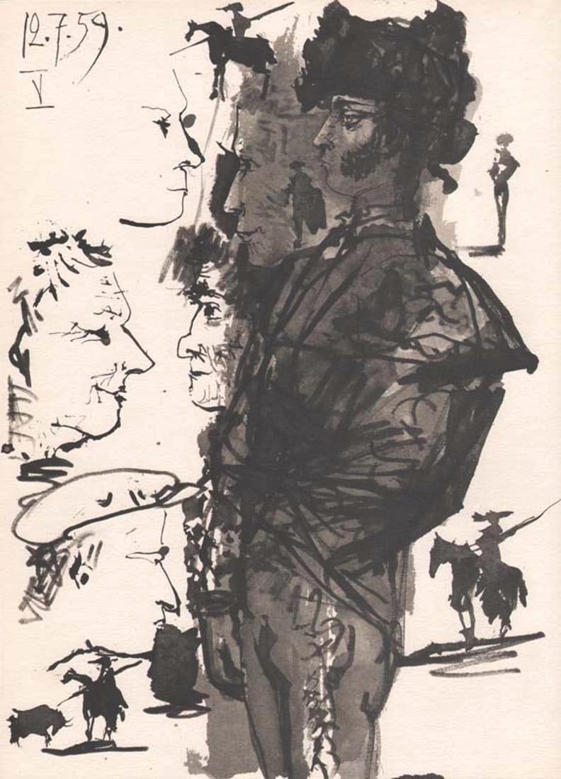 Pablo Picasso Toros Y Toreros 5 dated 12/7/59: Artist: Pablo Picasso County: Spain Title: Toros y Toreros 5 dated 12/7/59 Medium: Bichromie Paper size: On vellum 14.75 x 10.50 inch Publisher: 1961 by Editions Cercle d'art, France Provenance: