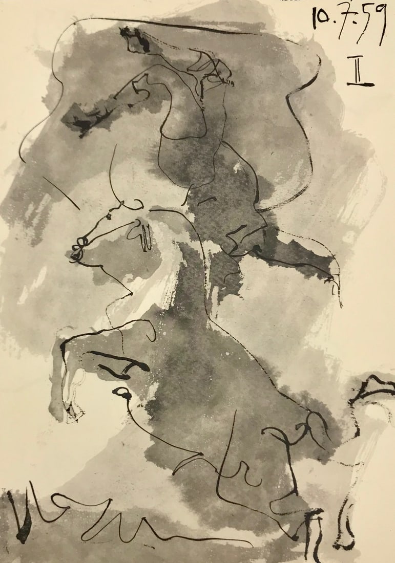 Pablo Picasso Toros y Toreros 2 dated 10/7/59: Artist: Pablo Picasso Country: Spain Title: Toros y Toreros 2 dated 10/7/59 Medium: Brichromie Marks: Not signed not numbered Paper size: Vellum 14.75 x 10.50 inch Publisher: Editions Cercle d'Art