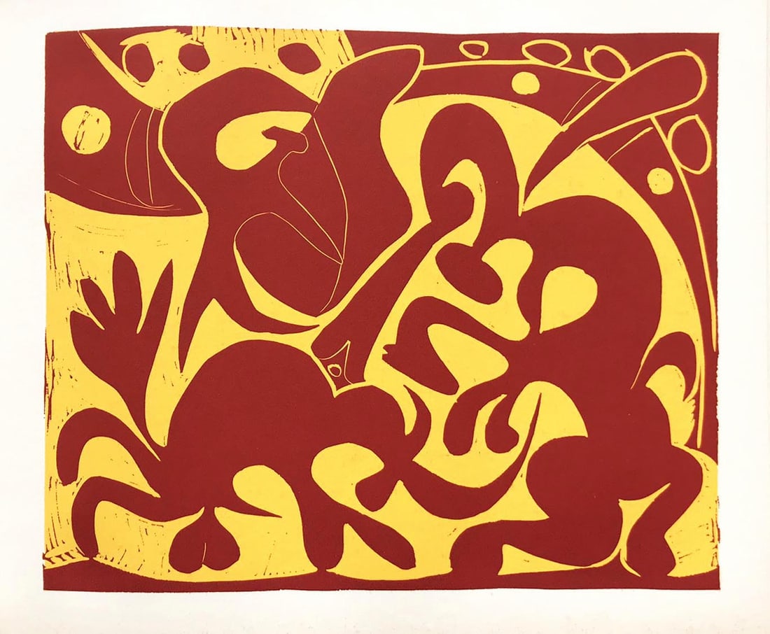 Picasso 5 Pique Rouge et Jaune: Artist: Pablo Picasso Country: Spain Title:?Pique Rouge et Jaune Medium: Multichrome - 5 Marks: Not signed, not numbered Paper size 12.50 x 15 inch on heavy paper 350g Old Mill Bianco. Provenance: Pic