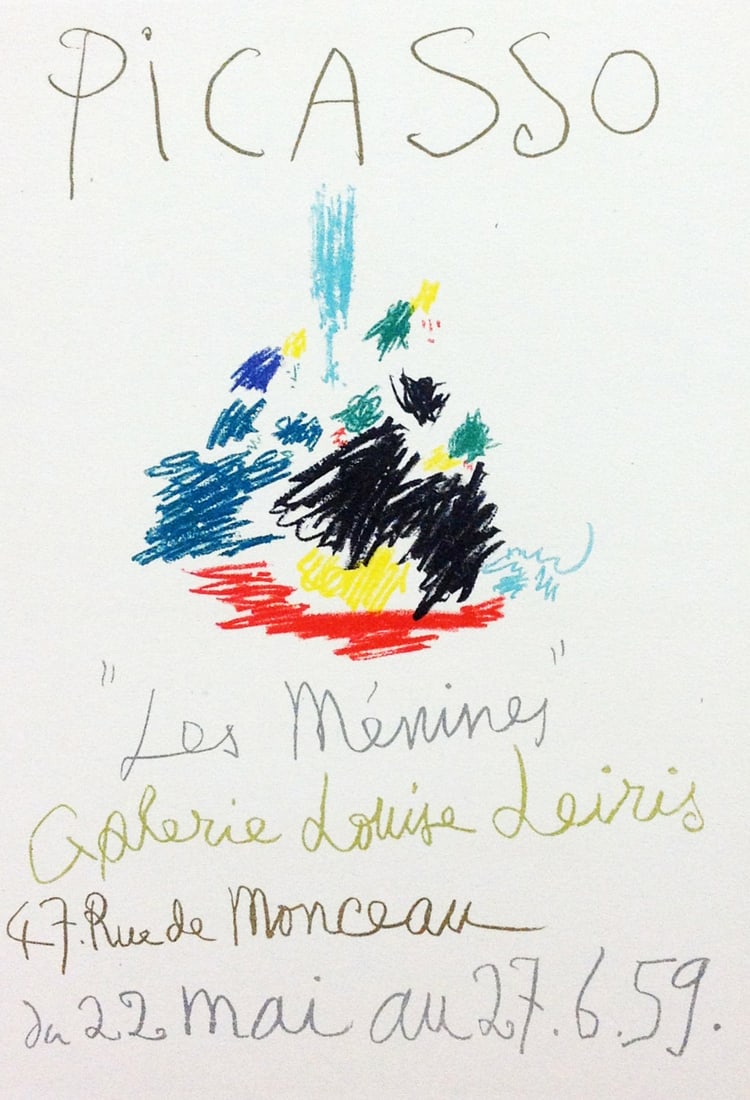 Picasso Lithograph 101 Les menines Art in posters: Title: Les menines Artist: Pablo Picasso Country: Spain Medium: Lithograph - 101 Paper size: 12.50 X 9.50 inch Printed: 1959 by Mourlot Freres, France Provenance: Art in posters Book 1959 Condit