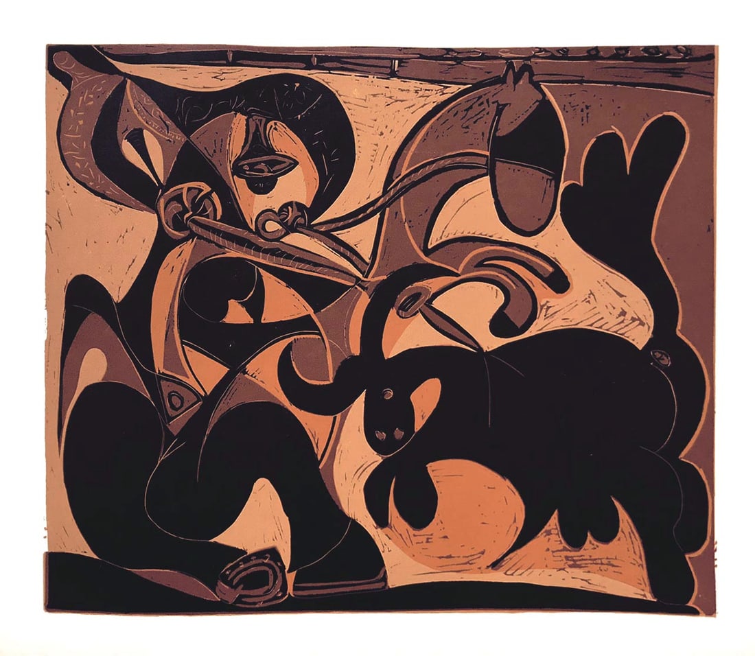 Pablo Picasso 8 Pique: Artist: Pablo Picasso Country: Spain Title: Pique Medium: Multichrome - 8 Marks: Not signed, not numbered Paper size 12.50 x 15 inch on heavy paper 350g Old Mill Bianco. Provenance: Picasso Linogravur