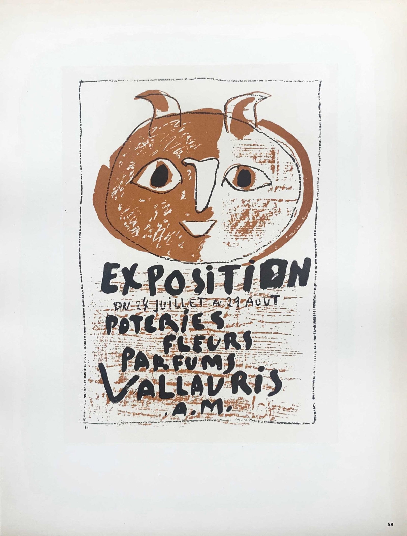 Picasso Lithograph 58 Exposition Poteries Vallauris Art in posters: Title: Exposition Poteries Artist: Pablo Picasso Country: Spain Medium: Lithograph- 58 Paper size: 12.50 X 9.50 inch Printed: 1959 by Mourlot Freres, France Provenance: Art in posters Book 1959