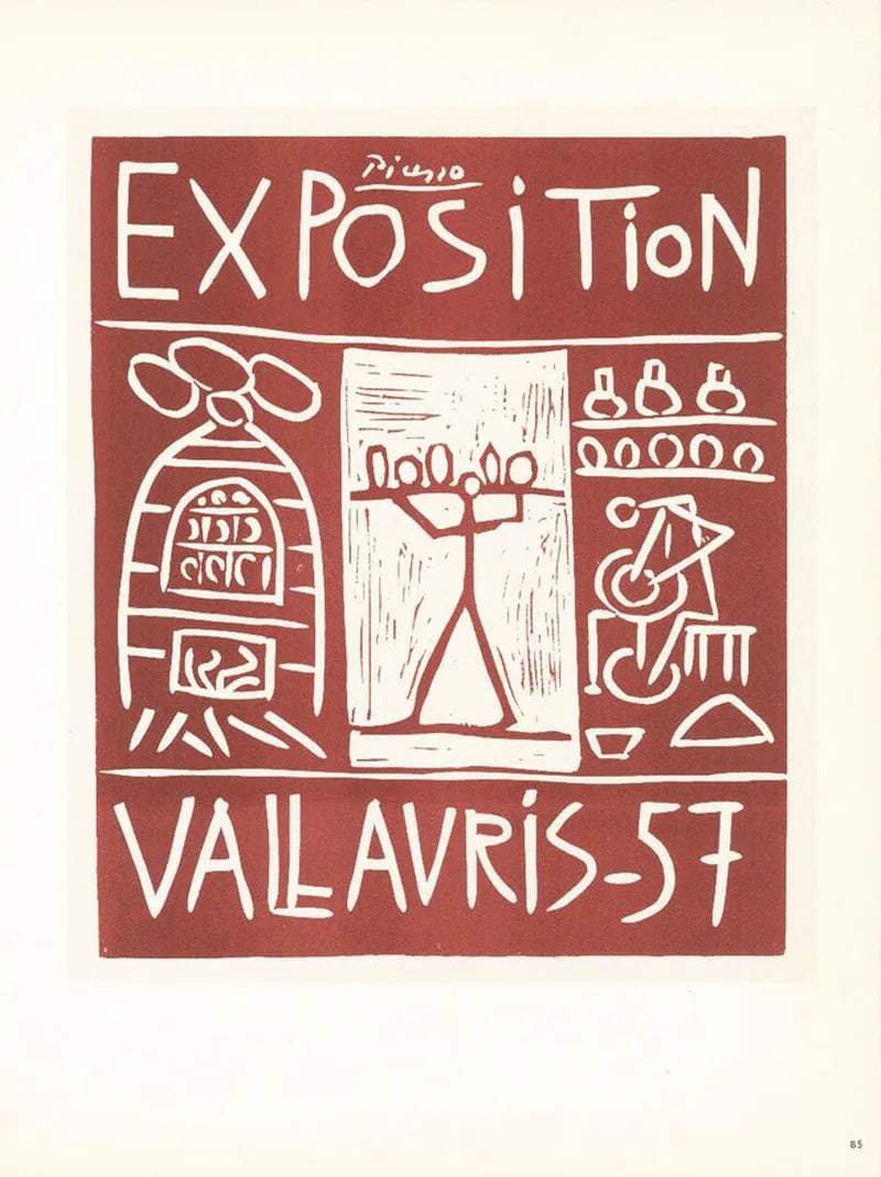 Picasso Lithograph 85 Expo vallauris-1957 Art in posters 1959: Title: Exposition Vallauris 1957 Artist: Pablo Picasso Country: Spain Medium: Lithograph - 85 Paper size: 12.50 X 9.50 inch Printed: 1959 by Mourlot Freres, France Provenance: Art in posters Book 1959