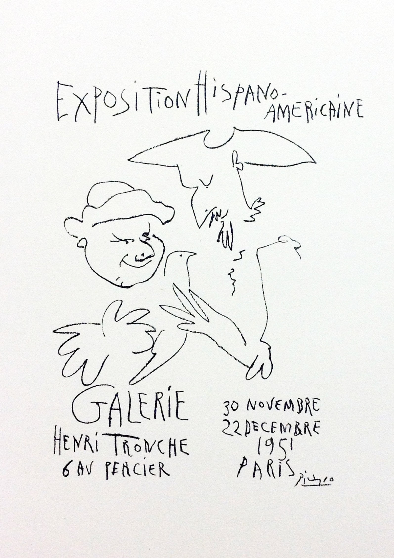 Picasso Lithograph 64 Expo Italiano Art in posters: Title: Expo Italiano Americain Artist: Pablo Picasso Country: Spain Medium: Lithograph - 64 Paper size: 12.50 X 9.50 inch Printed: 1959 by Mourlot Freres, France Provenance: Art in posters Book 1959