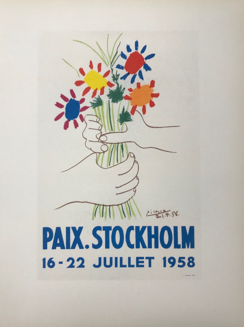 Picasso Lithograph 89 Paix Stockholm Art in posters: Title: Paix Stockholm Artist: Pablo Picasso Country: Spain Medium: Lithograph - 89 Paper size: 12.50 X 9.50 inch Printed: 1959 by Mourlot Freres, France Provenance: Art in posters Book 1959 Cond