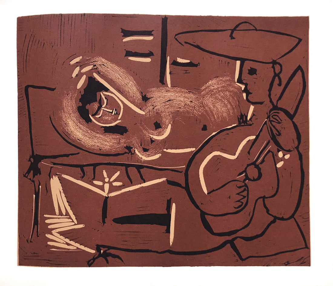 Picasso 15 Femme Couchee et Guitariste: Artist: Pablo Picasso Country: Spain Title: Femme Couchee et Guitariste Medium: Multichrome - 15 Marks: Not signed, not numbered Paper size 12.50 x 15 inch on heavy paper 350g Old Mill Bianco. Provena