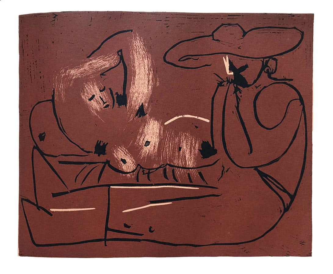 Picasso 16 Femme Couchee et Homme au Grand Chapeau: Artist: Pablo Picasso Country: Spain Title: Femme Couchee et Homme au Grand Chapeau Medium: Multichrome - 16 Marks: Not signed, not numbered Paper size 12.50 x 15 inch on heavy paper 350g Old Mill Bia