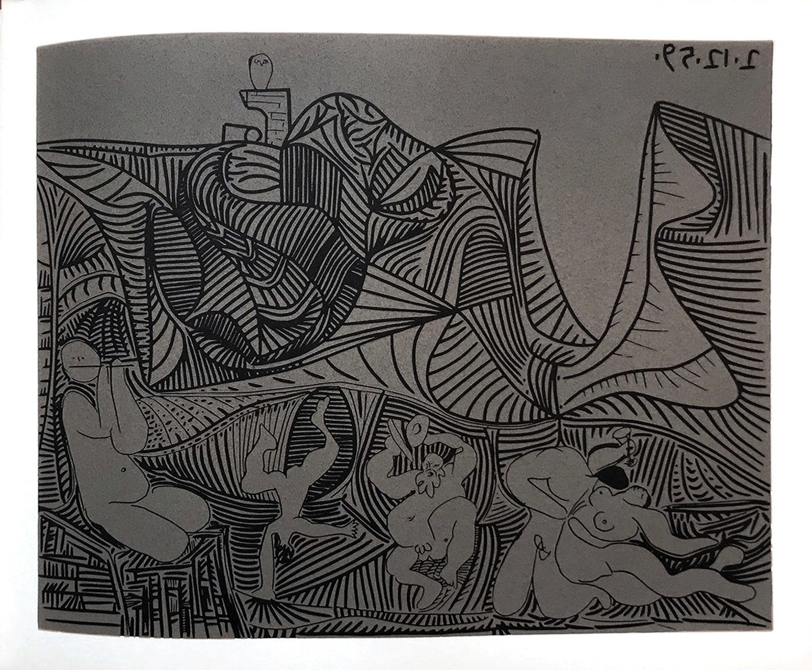 Picasso 35 Bacchanale au Hibou: Artist: Pablo Picasso Country: Spain Title: Bacchanale au Hibou Medium: Multichrome - 35 Marks: Not signed, not numbered Paper size 12.50 x 15 inch on heavy paper 350g Old Mill Bianco. Provenance: Pic