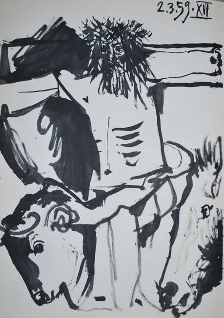 Picasso Toros Y Toreros No. 12 dated 2/3/59: Picasso Toros Y Toreros No. 12 dated 2/3/59 Medium: Bichromie Paper size: Vellum paper 14.75 x 10.5 inch Publisher: Editions Cercle d'art 1961, France Provenance: Sketchbook Toros Y Toreros 1961 Condi