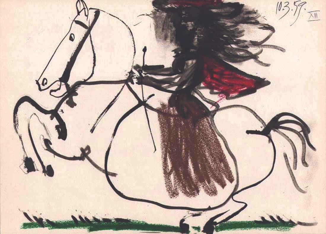 Picasso Toros y Toreros 13 dated 10/3/59: Artist: Pablo Picasso Country: Spain Title: Toros y Toreros 13 dated 10/3/59 Medium: Quadrichromie Marks: Not signed not numbered Paper size: Vellum 14.75 x 10.50 inch Publisher: Editions Cercle d'Art