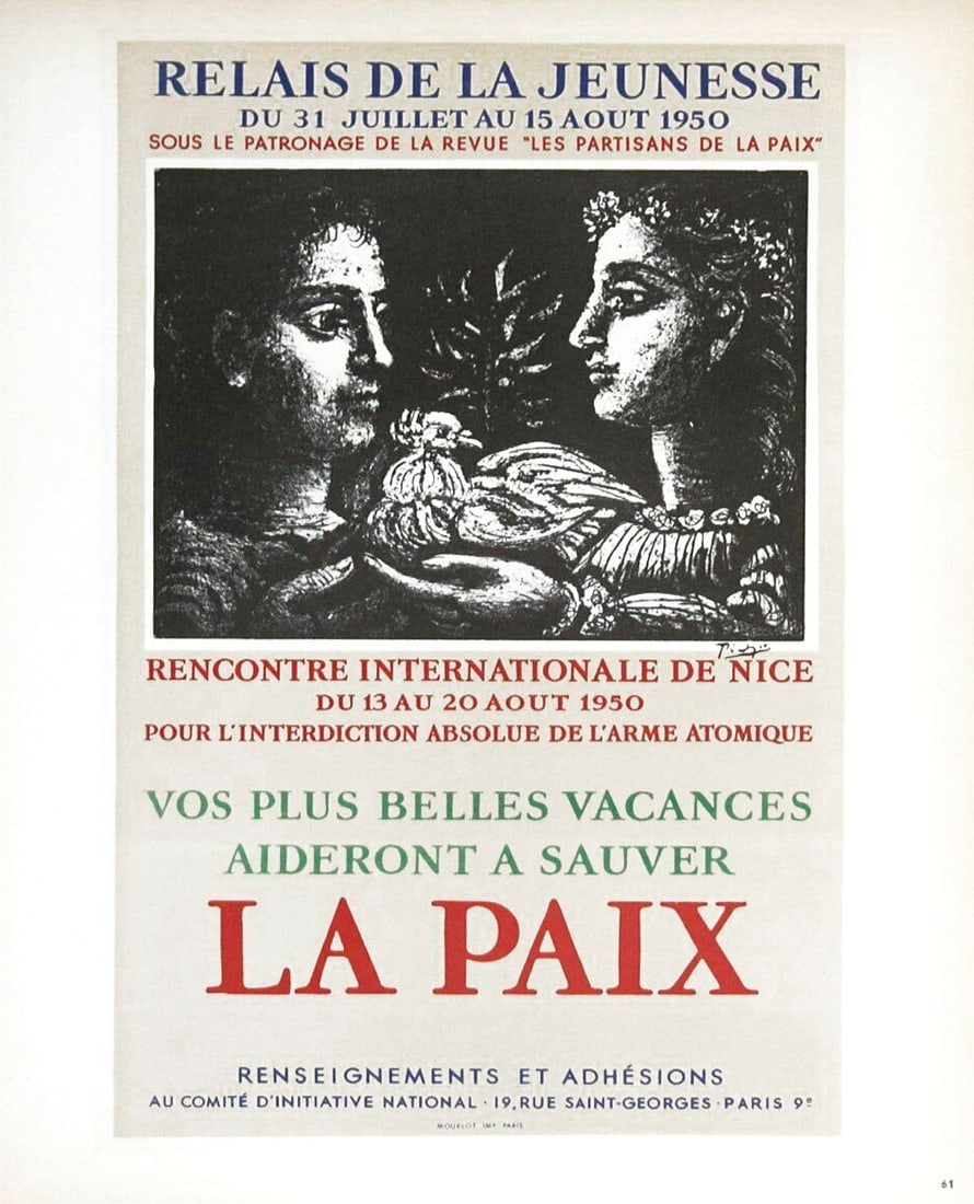 Picasso Lithograph 61 Relais de jeunesse 1959: Title: Relais de jeunesse Artist: Pablo Picasso Country: Spain Medium: Lithograph - 61 Paper size: 12.50 X 9.50 inch Printed: 1959 by Mourlot Freres, France Provenance: Art in posters Book 1959