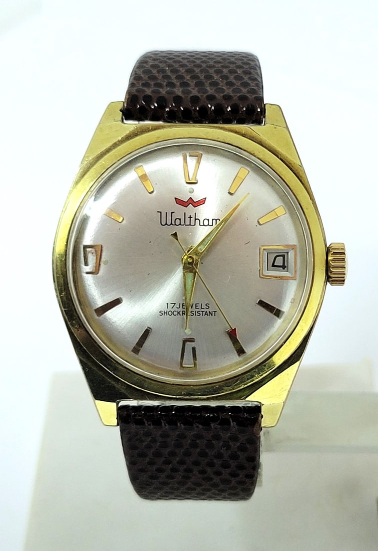 Vintage 18 GP WALTHAM Shock Resistant DATE Winding Watch Cal R614* SERVICED: Vintage 18 GP WALTHAM Shock Resistant DATE Winding Watch c 1970s* Good* SERVICED ? Great present for yourself or someone you love as well as for vintage collectors or enthusiasts! * Base metal case