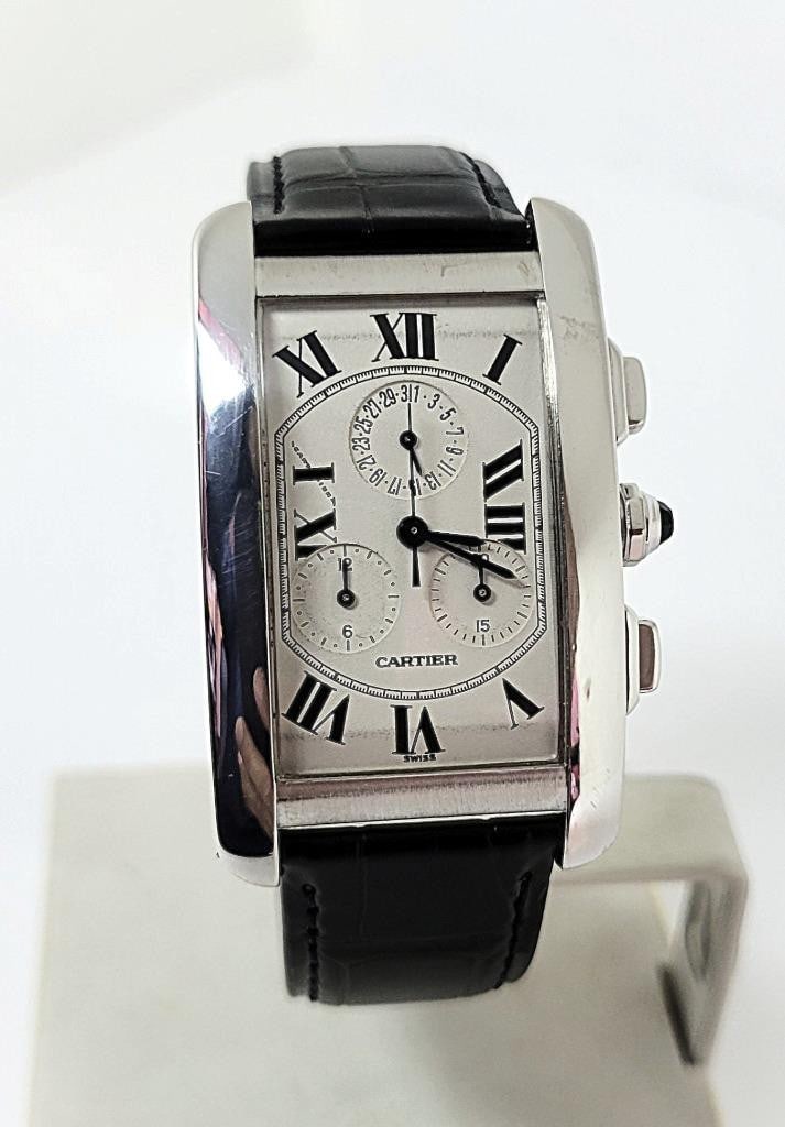 Solid 18k CARTIER Tank Americaine Chronograph Quartz Mens Watch Ref 2312 45 MM: Solid 18k CARTIER Tank Americaine Chronograph Quartz Mens Watch Ref 2312* 45 MM EXLNT This Men's CARTIER watch is Swiss made. Great present for yourself or someone you love! * Solid 18k white gold cas