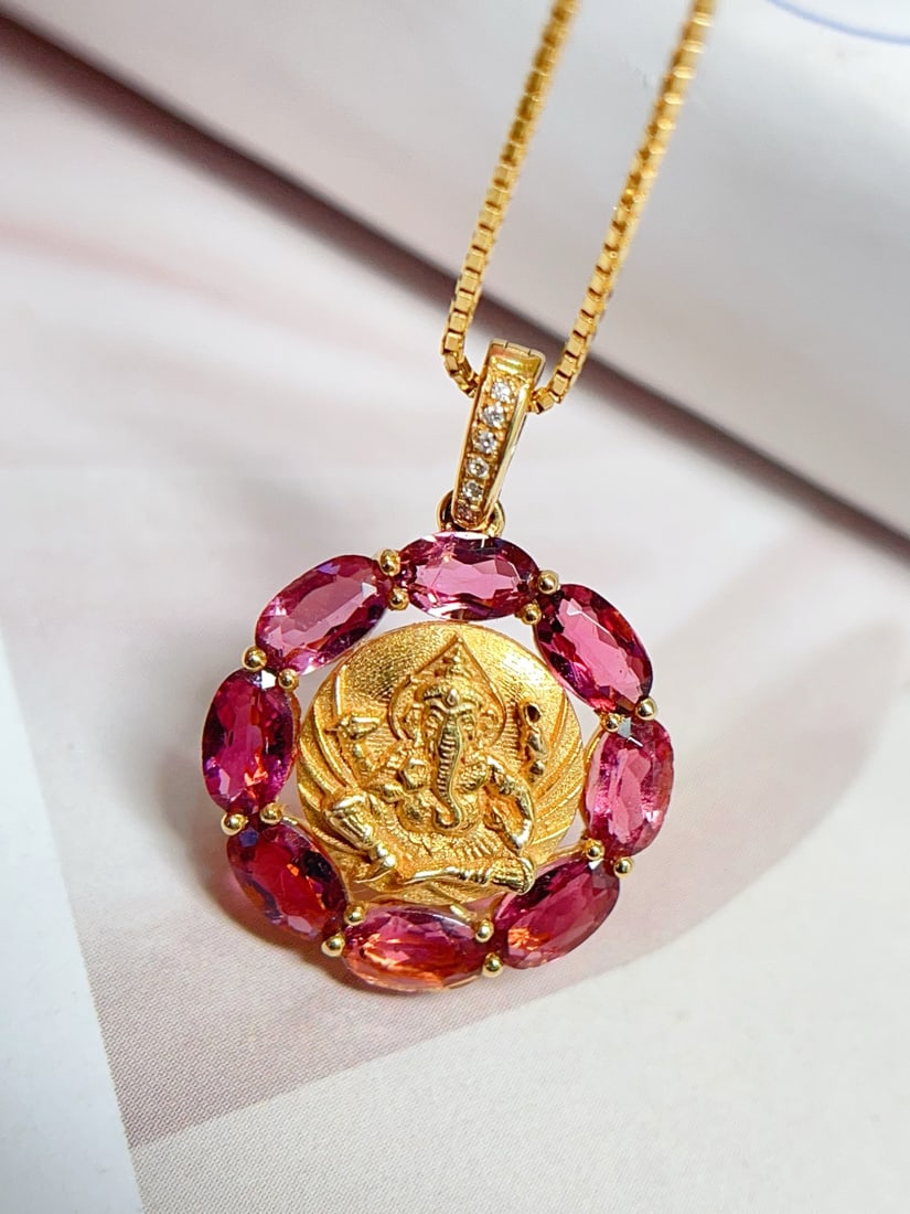 18K Gold Natural Pink Tourmaline Pendant - 3