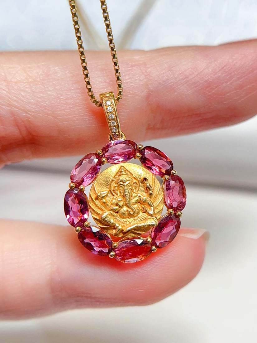 18K Gold Natural Pink Tourmaline Pendant - 4