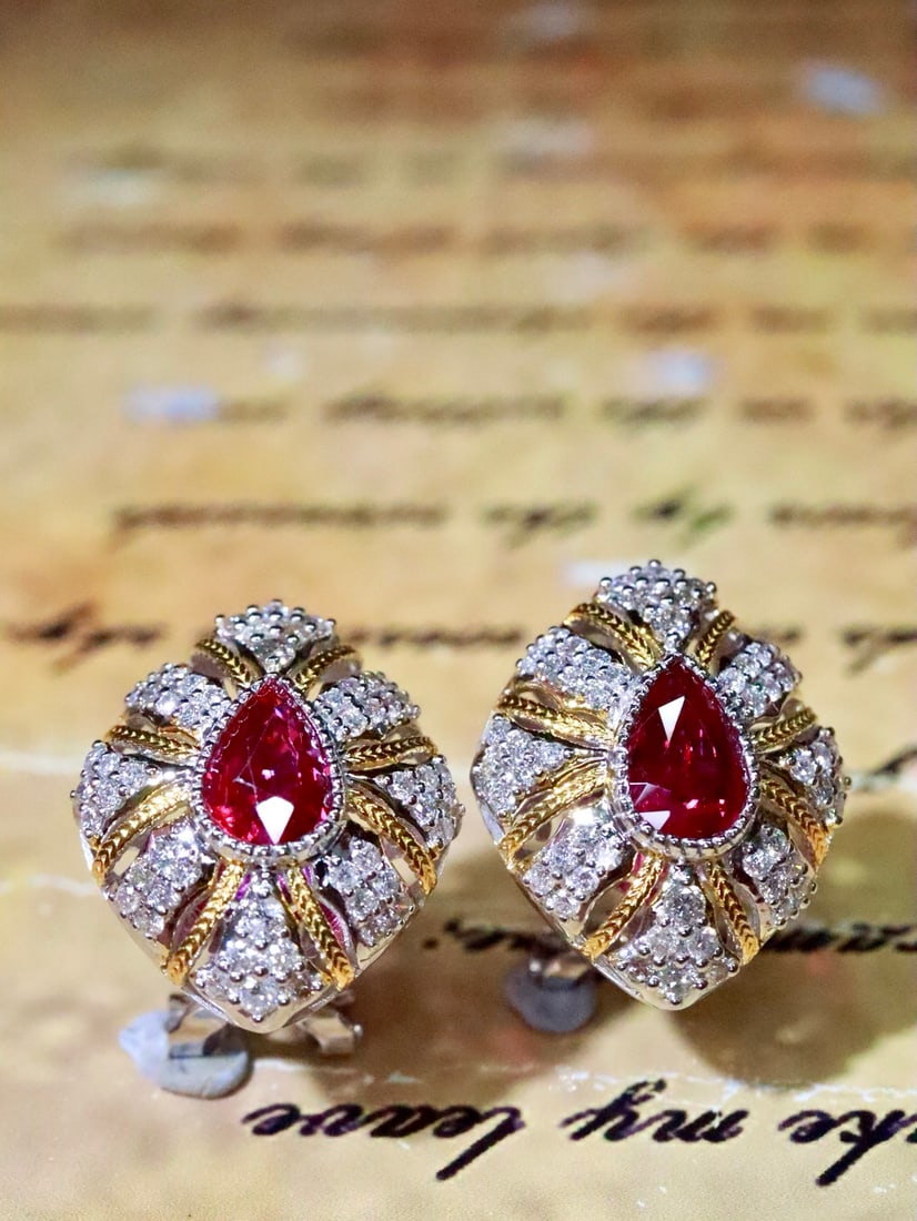 18K Gold Natural Unheated Ruby Earrings - 2