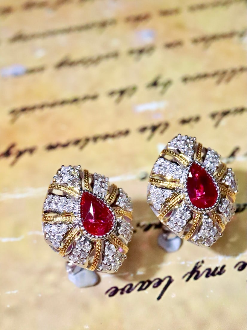 18K Gold Natural Unheated Ruby Earrings - 4